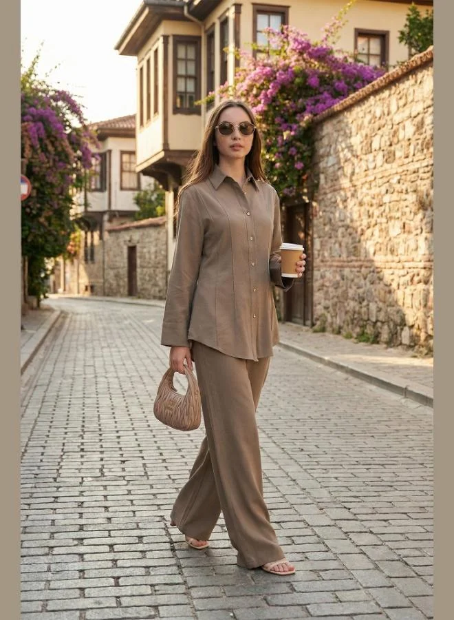 ليلا طقم بدلة قميص نسائي بقصة كلاسيكية وياقة عادية وخصر محدد